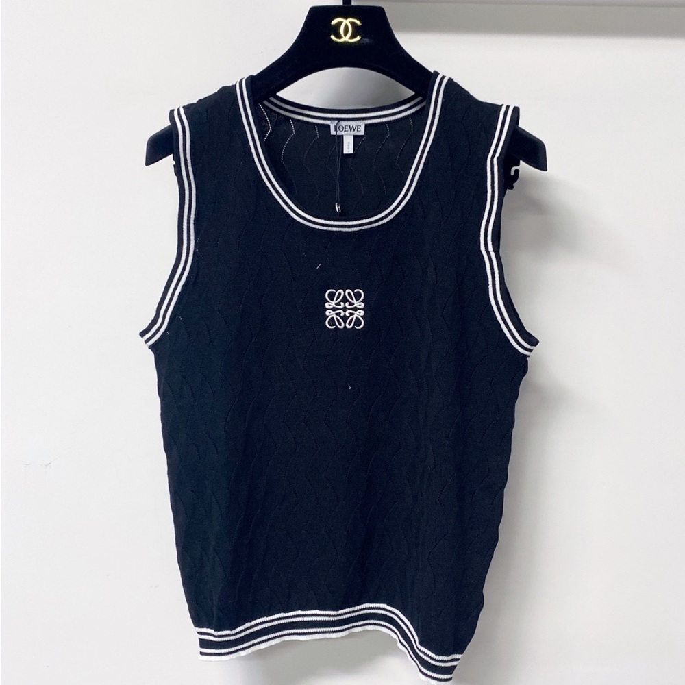 Loewe Black Sleeveless Knit Tank with White Trim and Anagram